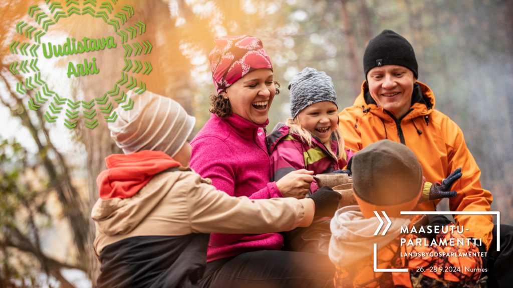 Maaseutuparlamentti 2024 kuvituskuva. Perhe syksyisessä luonnossa.