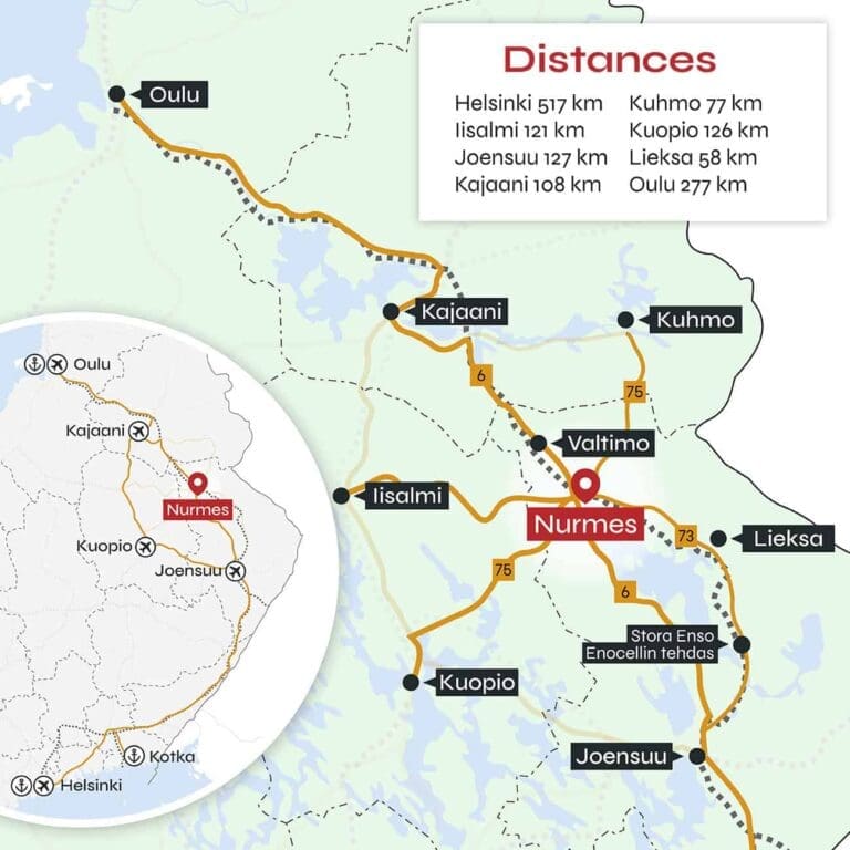 Location of Nurmes in Eastern Finland.